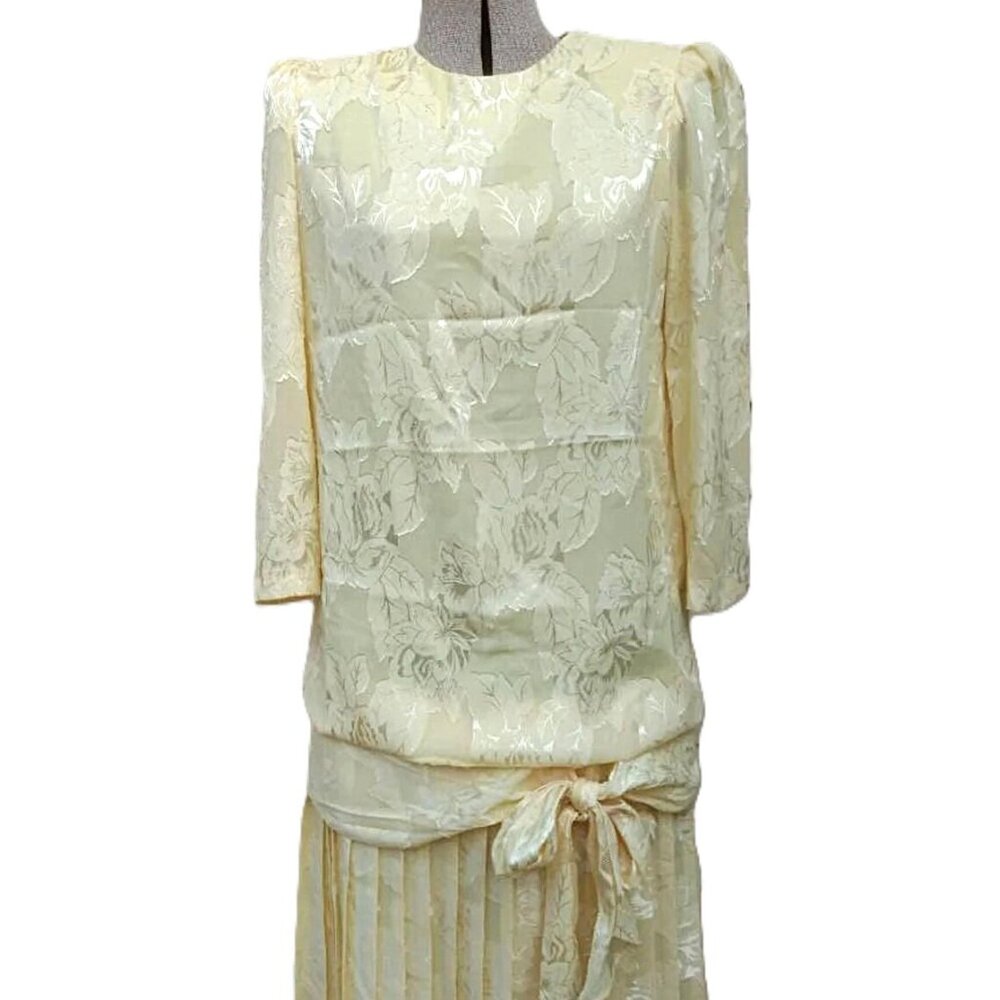 Vintage 80s Dropped Waist Dress 1920s Style Flapper Silky Bow Size 9/10